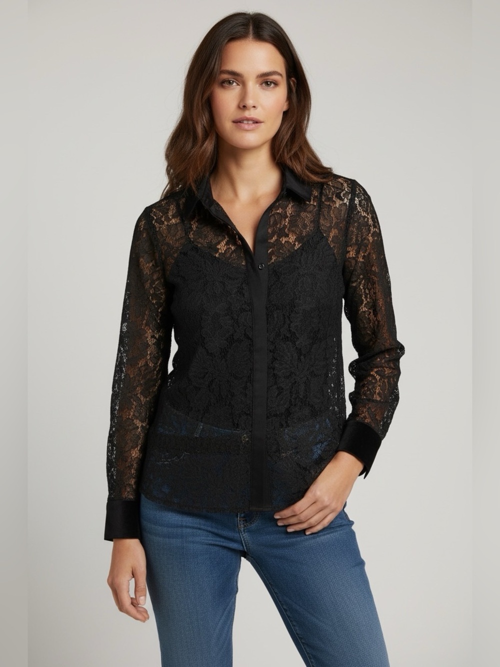 J. Crew Black Sheer Lace Button-Down Shirt EUC
